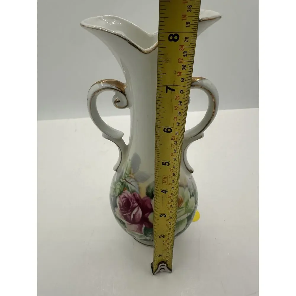 Vintage Arnart Floral Porcelain Vase Double Handle Gold Trim Japan